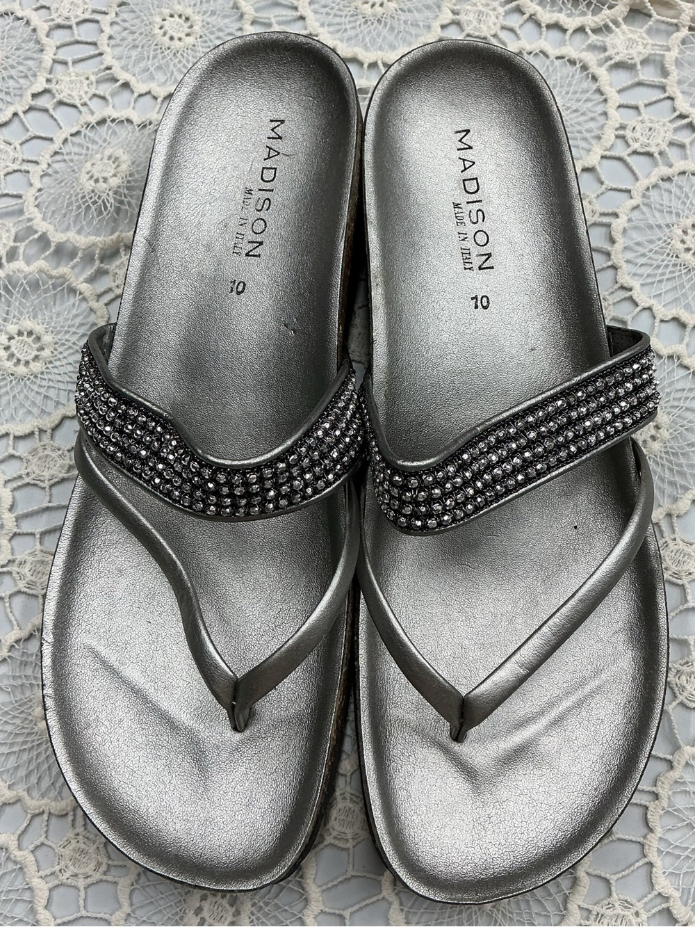 Madison Metallic Silver Crystal-Trim Thong Sandals